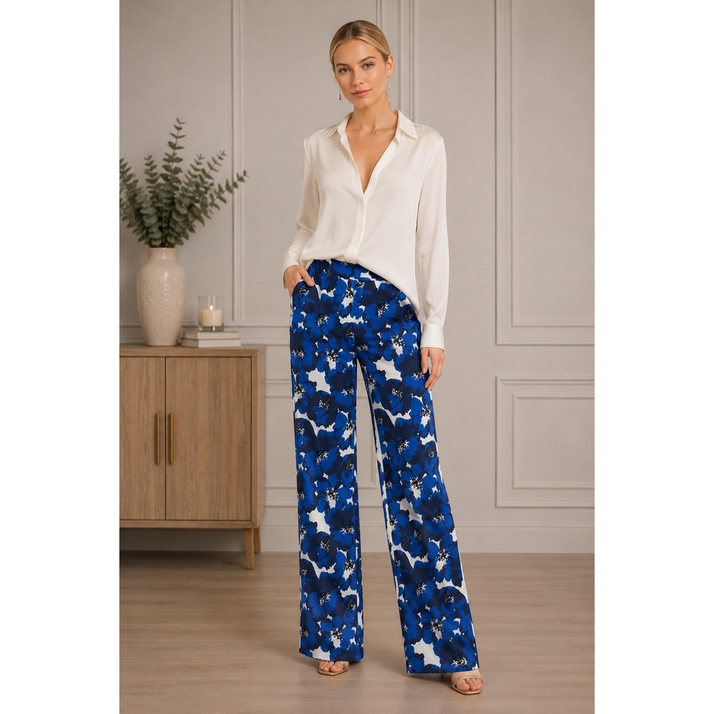 The Kooples Blue Floral 100% Silk Wide Leg Trousers Pants Piped Hem Size Small